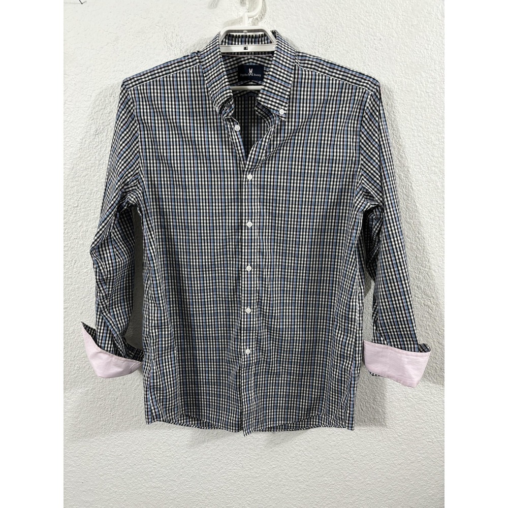Psycho Bunny Shirt Mens 16.5 34/35 Black Pink Check Modern Fit Stretch Non Iron